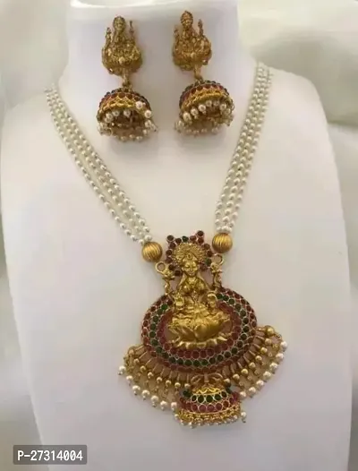 Stylish Golden Alloy Necklace With Earrings Jewellery Set For Women-thumb0