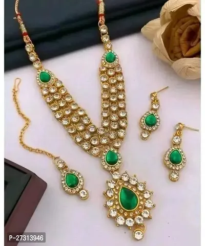 Stylish Golden Alloy Necklace With Earrings And Maangtika Jewellery Set For Women-thumb0