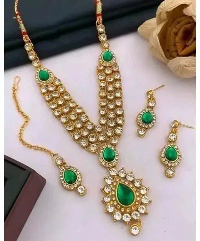 Stylish Alloy Necklace With Earrings And Maangtika Jewellery Set For Women