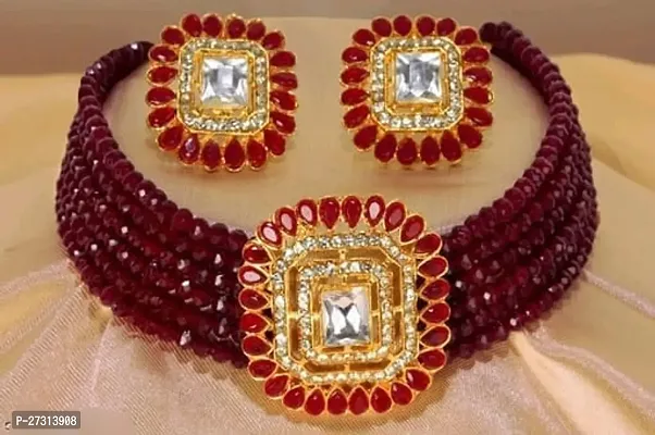 Stylish Maroon Alloy Necklace With Earrings Jewellery Set For Women