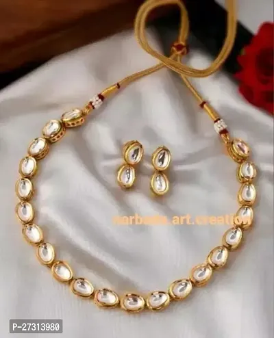 Stylish Golden Alloy Necklace With Earrings Jewellery Set For Women-thumb0