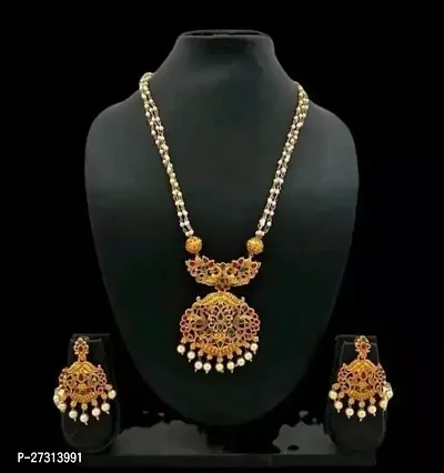 Stylish Golden Alloy Necklace With Earrings Jewellery Set For Women