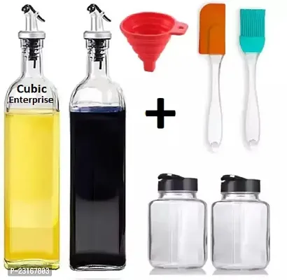 Oil Dispenser 500 Ml Bottle Set Of 2 Transparent Silicon Funnel And Oil Brush For Kitchen Multi Color Round Shape Spice Jar Set Of 2 120 Ml Perfect Combo For Kitchen-Pack Of 7