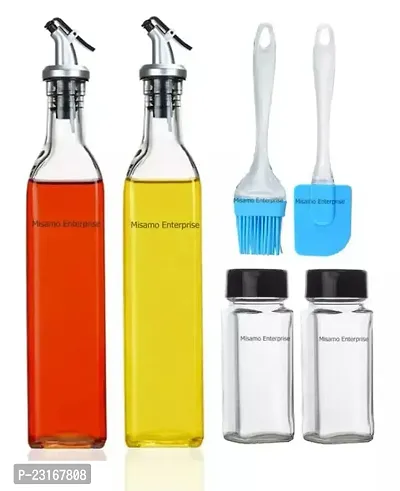 Oil Dispenser 500 Ml Glass Bottle Set Of 2 Spice Jar Set Of 2 Spatula And Oil Brush Transparent Pack Of 6-Pack Of 6