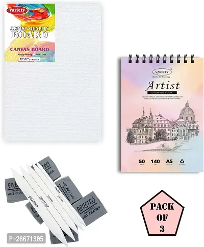 variety 10x12 CANVAS [1] A/5 SKETCH BOOK[1] And KNEADABLE ERASER [6PC] WITH STUMP Cotton Medium Grain Board Canvas, Primed Canvas Board  Set of 1   Multicolor