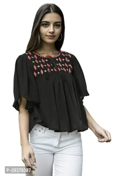 Elegant Black Viscose Rayon Embroidered Top For Women