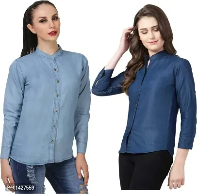 Stylish Fancy Roll- Up Sleeves Solid Denim Regular Fit Shirt Combo For Women Pack Of 2-thumb0