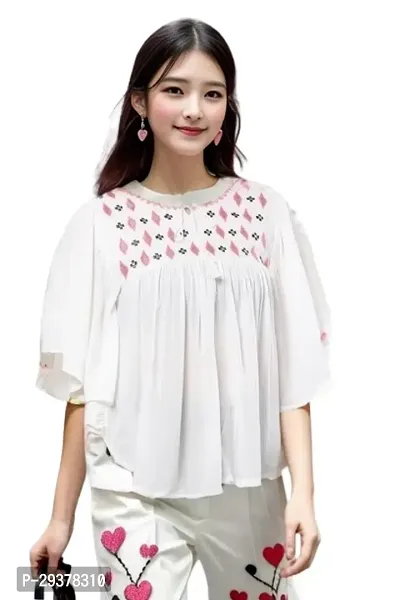 Elegant White Viscose Rayon Embroidered Top For Women