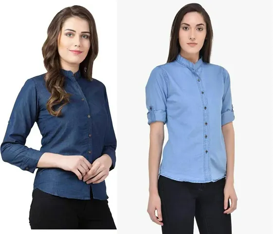 Stylish Fancy Roll- Up Sleeves Solid Regular Fit Shirt Combo For Women Pack Of 2