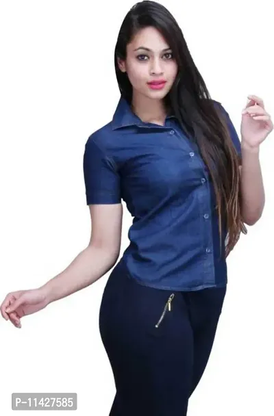 Stylish Fancy Roll- Up Sleeves Solid Denim Regular Fit Shirt Combo For Women Pack Of 2-thumb4