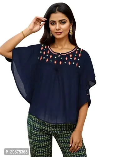 Elegant Navy Blue Viscose Rayon Embroidered Top For Women