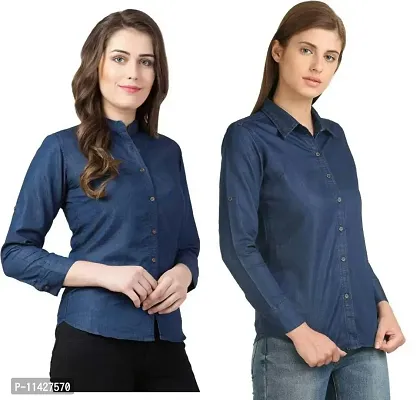 Stylish Fancy Roll- Up Sleeves Solid Denim Regular Fit Shirt Combo For Women Pack Of 2-thumb0