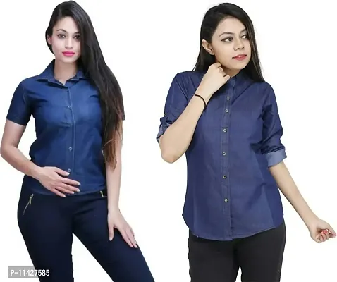 Stylish Fancy Roll- Up Sleeves Solid Denim Regular Fit Shirt Combo For Women Pack Of 2-thumb0