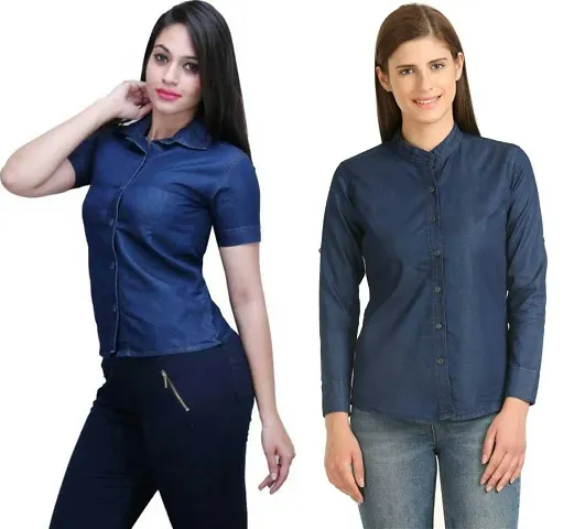 Stylish Fancy Roll- Up Sleeves Solid Regular Fit Shirt Combo For Women Pack Of 2