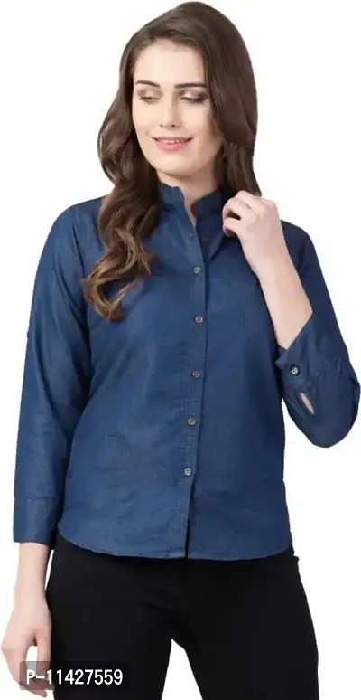 Stylish Fancy Roll- Up Sleeves Solid Denim Regular Fit Shirt Combo For Women Pack Of 2-thumb2