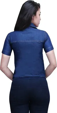 Stylish Blue Denim Solid Short Sleeves Shirt For Women-thumb1