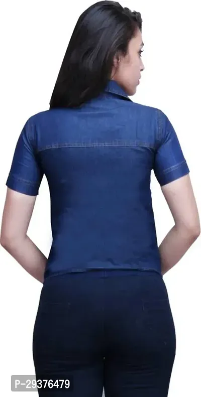 Stylish Blue Denim Solid Short Sleeves Shirt For Women-thumb2