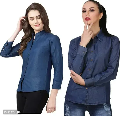 Stylish Fancy Roll- Up Sleeves Solid Denim Regular Fit Shirt Combo For Women Pack Of 2-thumb0