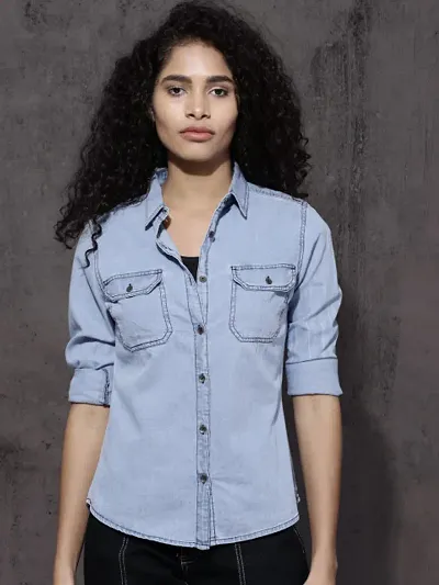 Solid Denim Shirt for Women