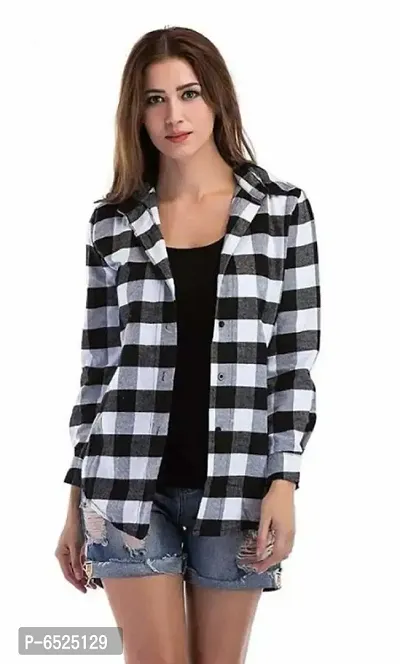 Stylish Cotton Black Checked Long Sleeves Shirt For Women-thumb0