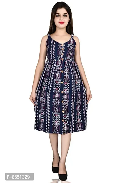 Stylish Cotton Blend Printed Sleeveless Shoulder Strap Dress For Women-thumb0