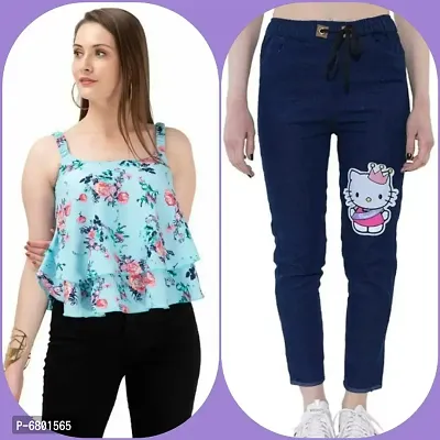 Trendy Printed Rayon Top With Denim Combo For Women And Girls