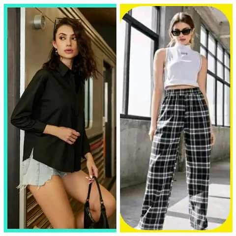 Checkered Pants with Solid Shirt Set