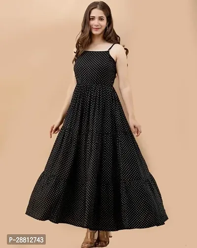 Stylish Black Cotton Printed A-Line Dress For Women
