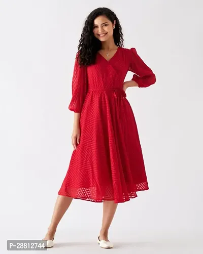 Stylish Red Cotton Printed A-Line Dress For Women