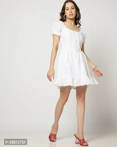 Stylish White Cotton Printed A-Line Dress For Women