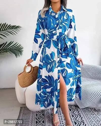 Stylish Blue Cotton Printed A-Line Dress For Women