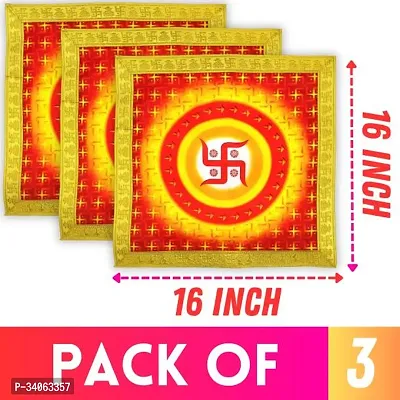 Bhakti Lehar Size 16 x 16 Inch Printed Swastik Design Satin Silk Puja Aasan Cloth for God Chowki Pooja Assan Kapda Sartin Altar Cloth Mat for Mandir Temple and Puja Decoration Altar Cloth Pack of 3