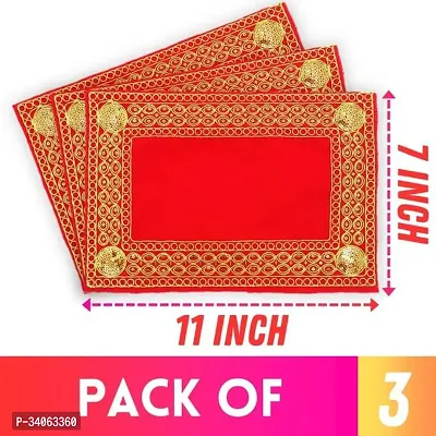 Bhakti Lehar Size 7 x 11 Inch Small Red Velvet Puja Aasan Cloth Pooja Aasan Kapda Embroidered Puja Chowki Cloth for Home Mandir Temple God and Goddess Sitting Ashan Altar Cloth Pack of 3