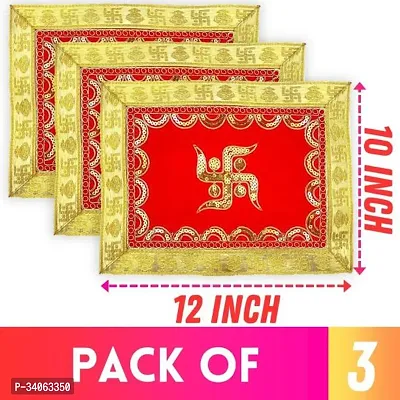 Bhakti Lehar 10 x 12 Inch Fancy Swastik Design Velvet Red Pooja Aasan Cloth for Mandir Altar Cloth Pack of 3