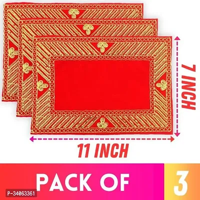 Bhakti Lehar 3 Pieces Small Red Velvet Cloth for Pooja Size 7 x 11 Inch Embroidered Puja Chowki Cloth for Home Mandir Temple God and Goddess Assan Sitting and Diwali Decoration Altar Cloth Pack of 3