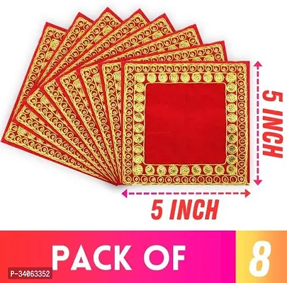 Bhakti Lehar Size 5 x 5 Inch Small Velvet Red Aasan Cloth for God Idols and Puja Mandir Embroidered Zari Design Velvet Chowki Assan Kapda for Mandir Temple God Idols Altar Cloth Pack of 8