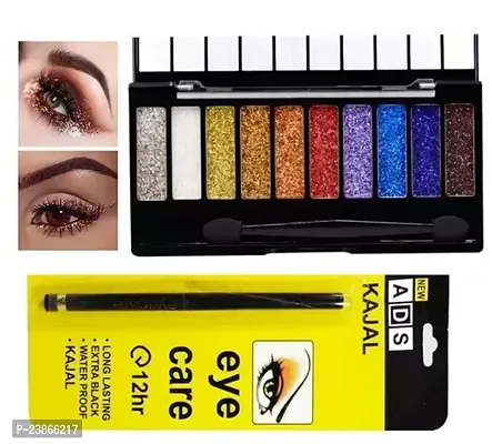 M And M 10 Color Glitter Eyeshadow Palette Highly Pigmented Shades Pack Of 1 With Ads Eyecare 12Hr Black Kajal Pack Of 1