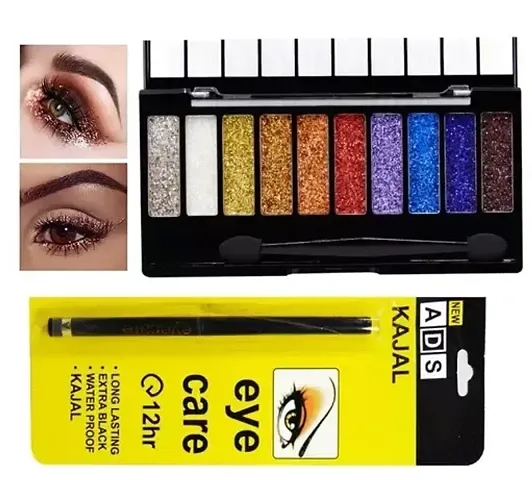 M And M 10 Color Glitter Eyeshadow Palette Highly Pigmented Shades Pack Of 1 With Ads Eyecare 12Hr Black Kajal Pack Of 1