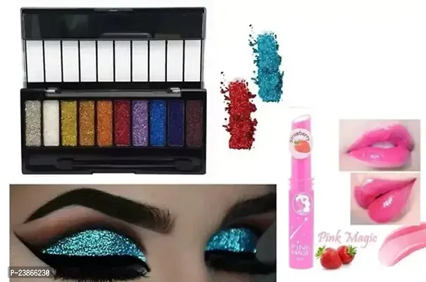 M And M 10 Color Glitter Eyeshadow Palette Highly Pigmented Shades Pack Of 1 With Pink Magic Lip Balm Pack Of 1-thumb0