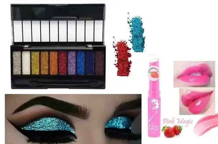 M And M 10 Color Glitter Eyeshadow Palette Highly Pigmented Shades Pack Of 1 With Pink Magic Lip Balm Pack Of 1