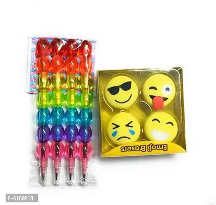 Combo Parl Pencil Set of 4 And 3D Smiley Faces Erasers/Assorted Style Student