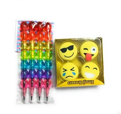 Combo Parl Pencil Set of 4 And 3D Smiley Faces Erasers/Assorted Style Student