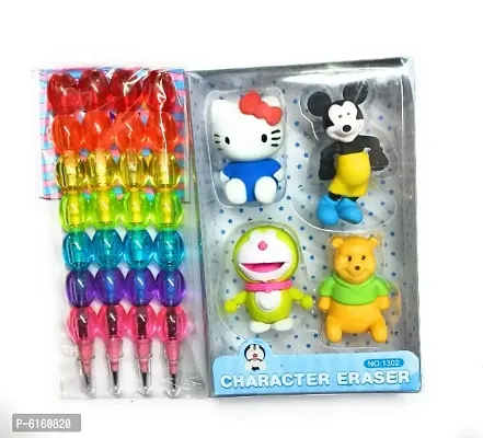 Combo Micky Mouse Phoo Doremon 3D Kids Fancy Cartoon Eraser Set of 4 and Parl Pencil Set of 4-thumb0