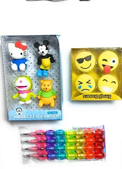 3D Smiley Faces Erasers and Micky Mouse 3D Eraser and 4 Parl Pencil Combo Pack