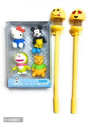 Micky Mouse Phoo Doremon 3D Kids Fancy Cartoon Eraser Set of 4 and 2 Smiley Pen Set Combo