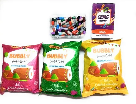 Holi Combo Bubbly Natural Organic Colour (Gulal) set of 3 With Water Colour Capsule,Gems Rooh Rang