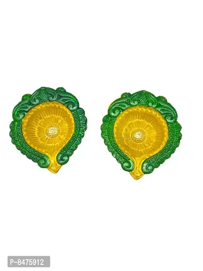 Fancy Yellow Green Clourful Handmade Gujrati Diya Pack Of 2-thumb0