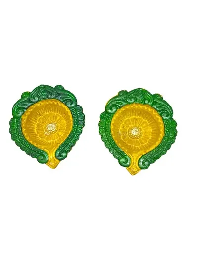 Fancy Yellow Green Clourful Handmade Gujrati Diya Pack Of 2