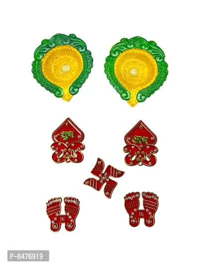 Fancy Gujrati Multicolour Diya Combo of Acrylic Meenakari Designer Shubh Labh Laxmicharan Swastik Stickers for Door Entrance|Diwali Decoration Items for Home|Diwali Stickers