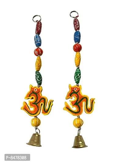 Wooden Hanging OM with Clay Beads and Bell Side Latkan, with Beautiful Hand Painting, Art Work, Creative Design-thumb0